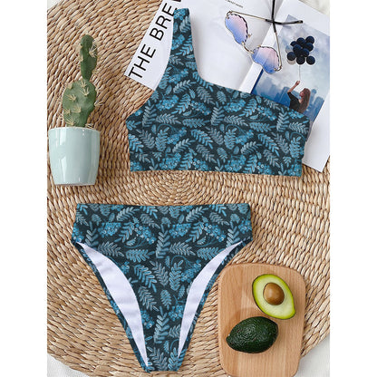 Tropical Denim Jeans Pattern Print One Shoulder Bikini Top