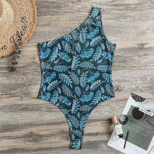 Tropical Denim Jeans Pattern Print One Shoulder Bodysuit