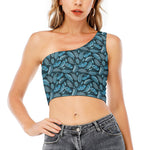 Tropical Denim Jeans Pattern Print One Shoulder Crop Top