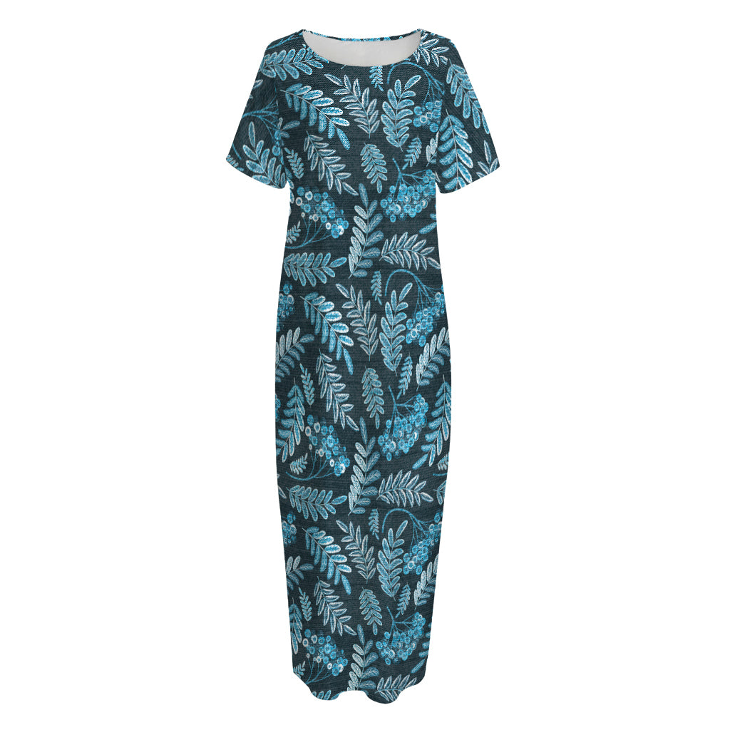 Tropical Denim Jeans Pattern Print Short Sleeve Long Nightdress
