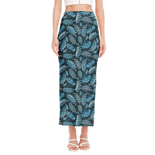 Tropical Denim Jeans Pattern Print Side Slit Maxi Skirt
