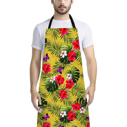 Tropical Exotic Hawaiian Pattern Print Bib Apron With Pocket