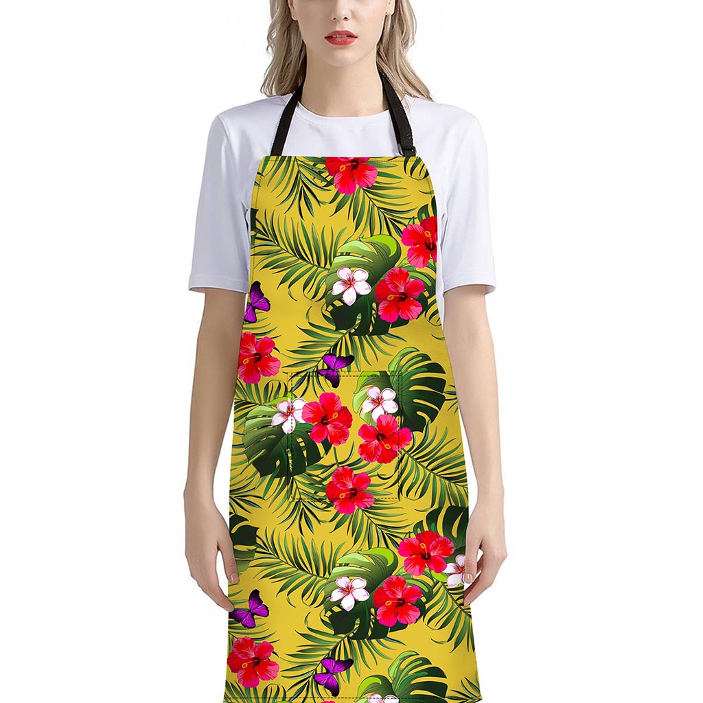 Tropical Exotic Hawaiian Pattern Print Bib Apron With Pocket