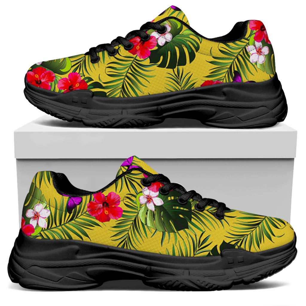Tropical Exotic Hawaiian Pattern Print Black Chunky Shoes