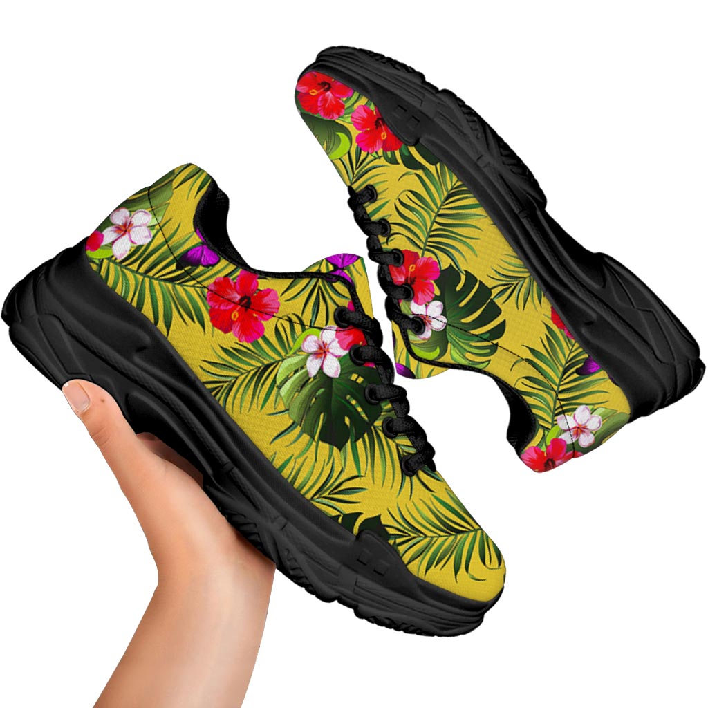 Tropical Exotic Hawaiian Pattern Print Black Chunky Shoes