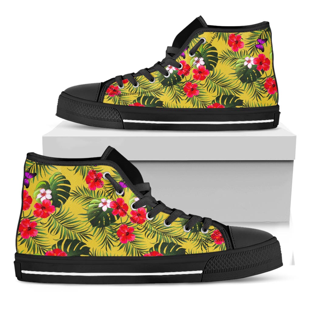 Tropical Exotic Hawaiian Pattern Print Black High Top Sneakers