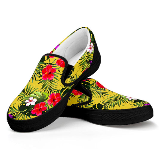 Tropical Exotic Hawaiian Pattern Print Black Slip On Sneakers