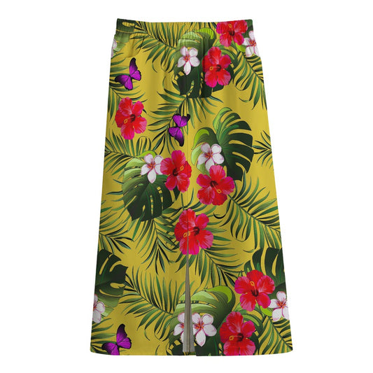 Tropical Exotic Hawaiian Pattern Print Cotton Front Slit Maxi Skirt