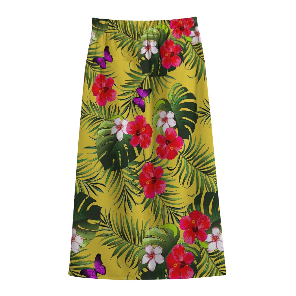 Tropical Exotic Hawaiian Pattern Print Cotton Front Slit Maxi Skirt