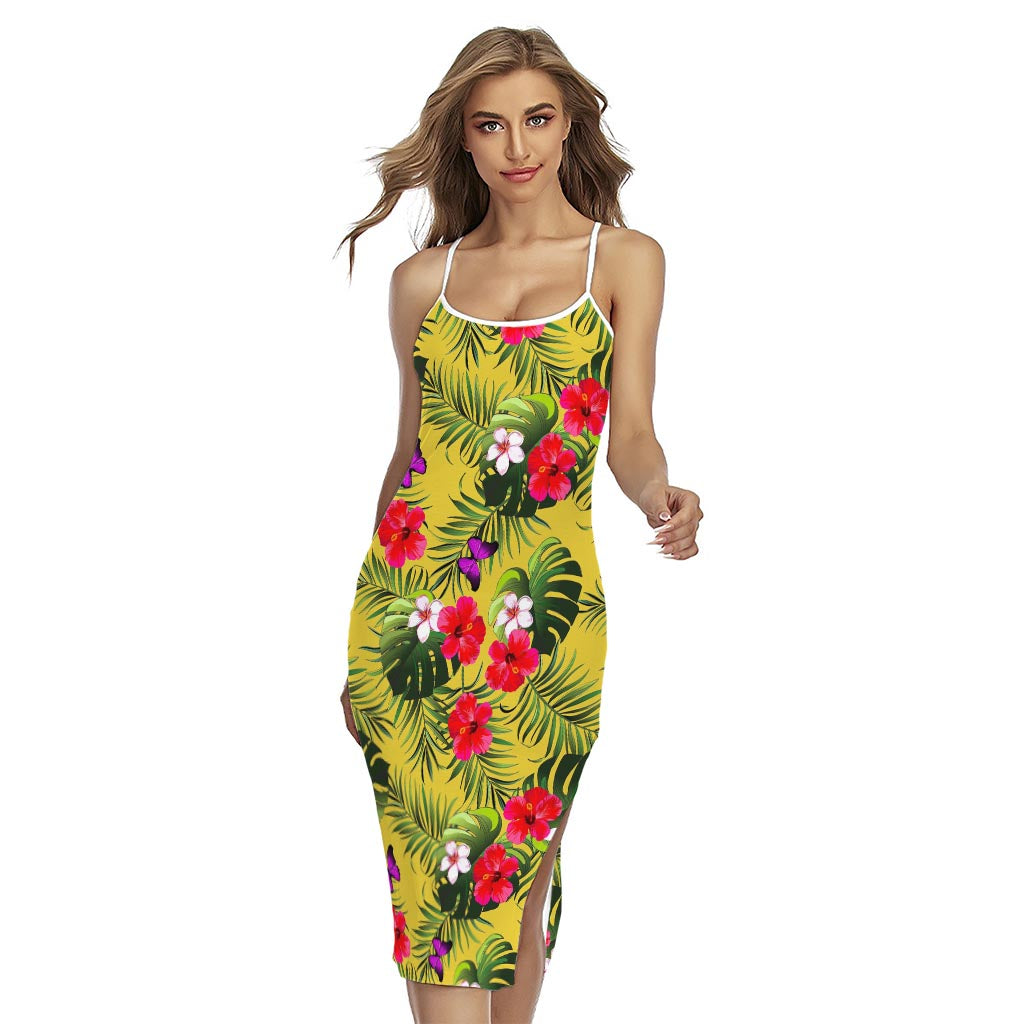 Tropical Exotic Hawaiian Pattern Print Cross Back Cami Dress