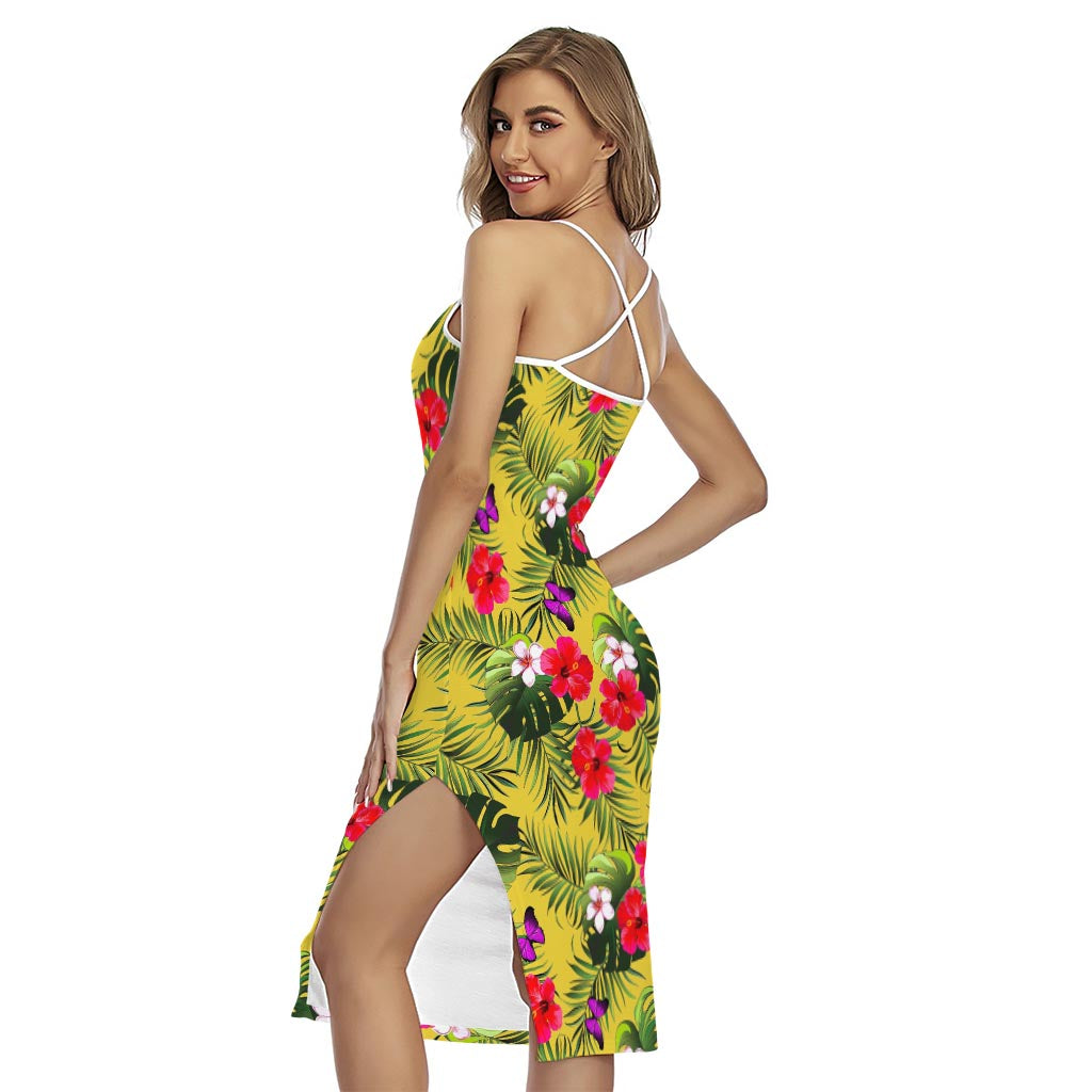 Tropical Exotic Hawaiian Pattern Print Cross Back Cami Dress