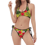 Tropical Exotic Hawaiian Pattern Print Halter Scoop Tie Side Bikini