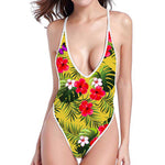 Tropical Exotic Hawaiian Pattern Print High Cut One Piece Swimsuit