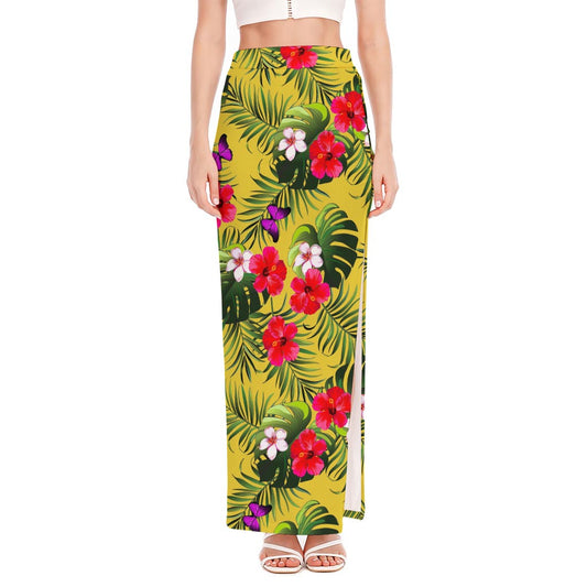 Tropical Exotic Hawaiian Pattern Print High Slit Maxi Skirt