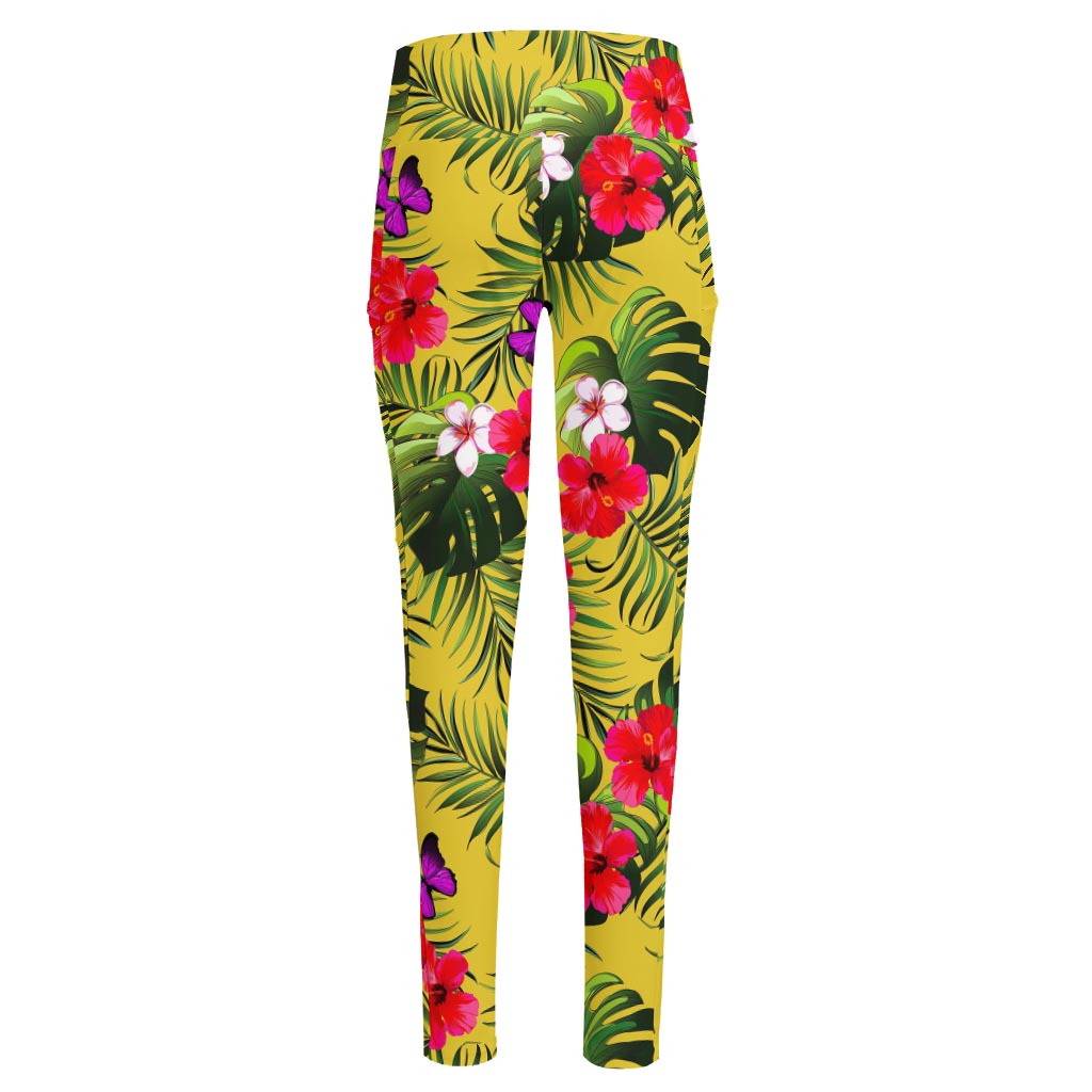 Tropical Exotic Hawaiian Pattern Print High-Waisted Pocket Leggings