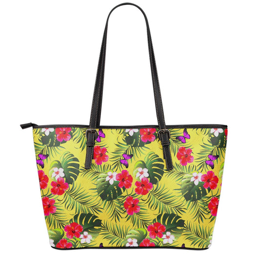 Tropical Exotic Hawaiian Pattern Print Leather Tote Bag