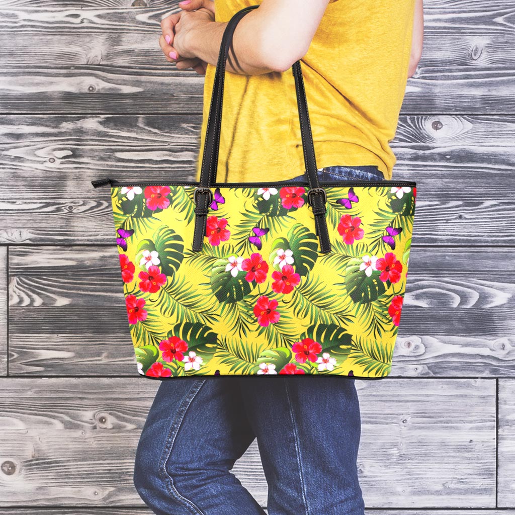 Tropical Exotic Hawaiian Pattern Print Leather Tote Bag