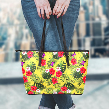 Tropical Exotic Hawaiian Pattern Print Leather Tote Bag