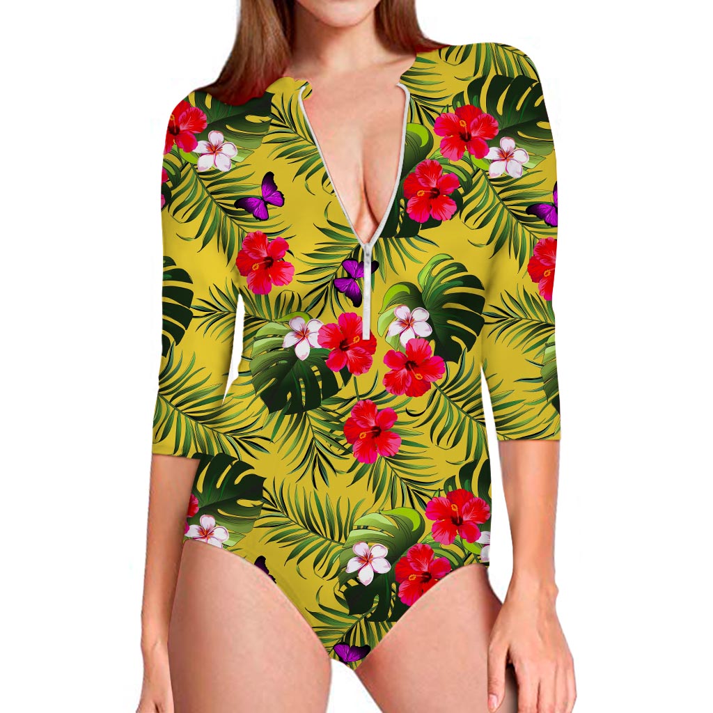 Tropical Exotic Hawaiian Pattern Print Long Sleeve Swimsuit