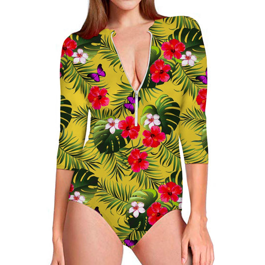 Tropical Exotic Hawaiian Pattern Print Long Sleeve Swimsuit