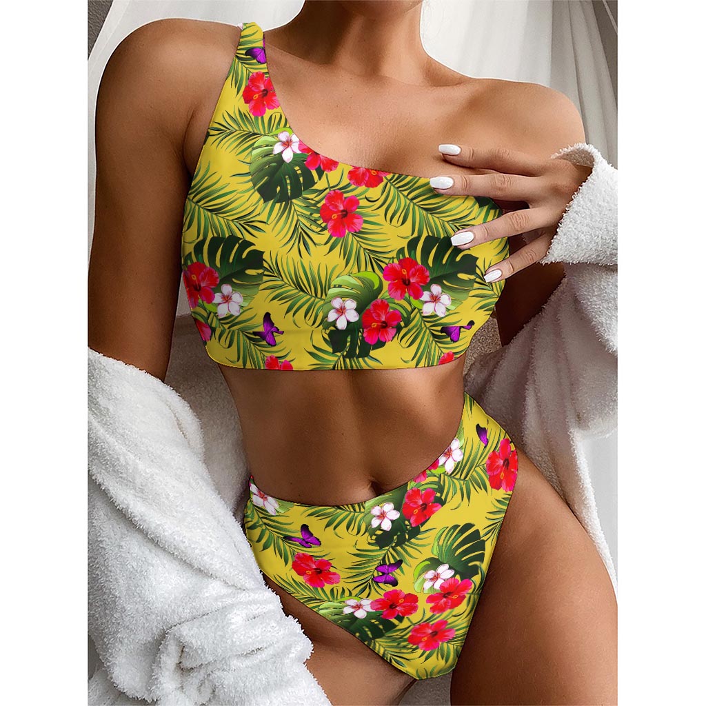 Tropical Exotic Hawaiian Pattern Print One Shoulder Bikini Top