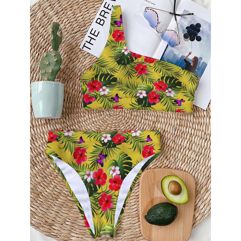 Tropical Exotic Hawaiian Pattern Print One Shoulder Bikini Top