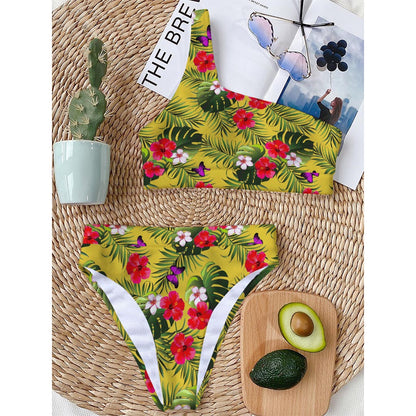 Tropical Exotic Hawaiian Pattern Print One Shoulder Bikini Top