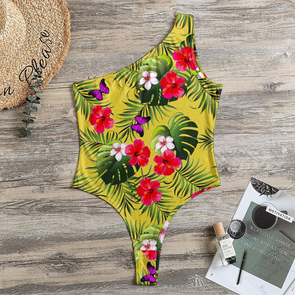 Tropical Exotic Hawaiian Pattern Print One Shoulder Bodysuit