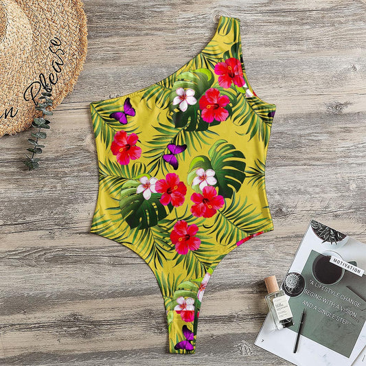 Tropical Exotic Hawaiian Pattern Print One Shoulder Bodysuit