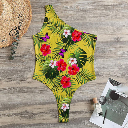 Tropical Exotic Hawaiian Pattern Print One Shoulder Bodysuit