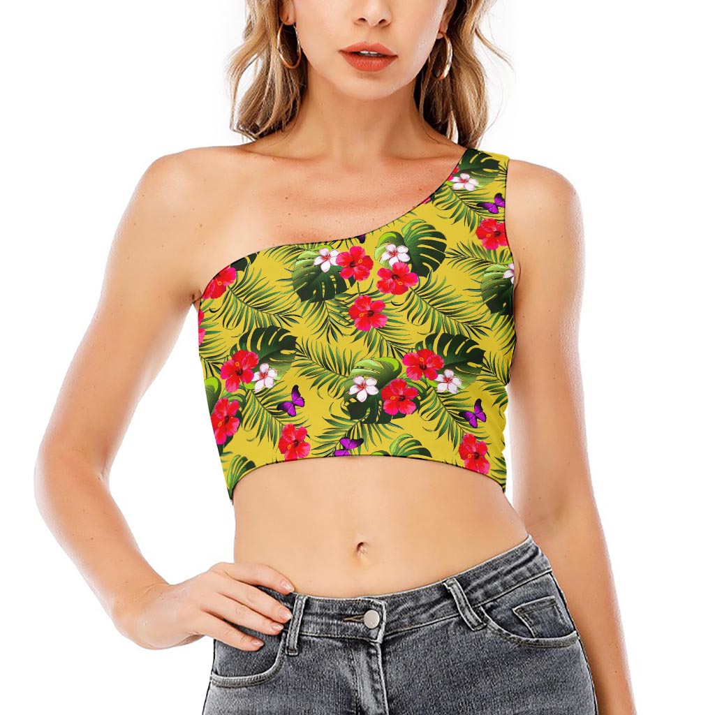 Tropical Exotic Hawaiian Pattern Print One Shoulder Crop Top