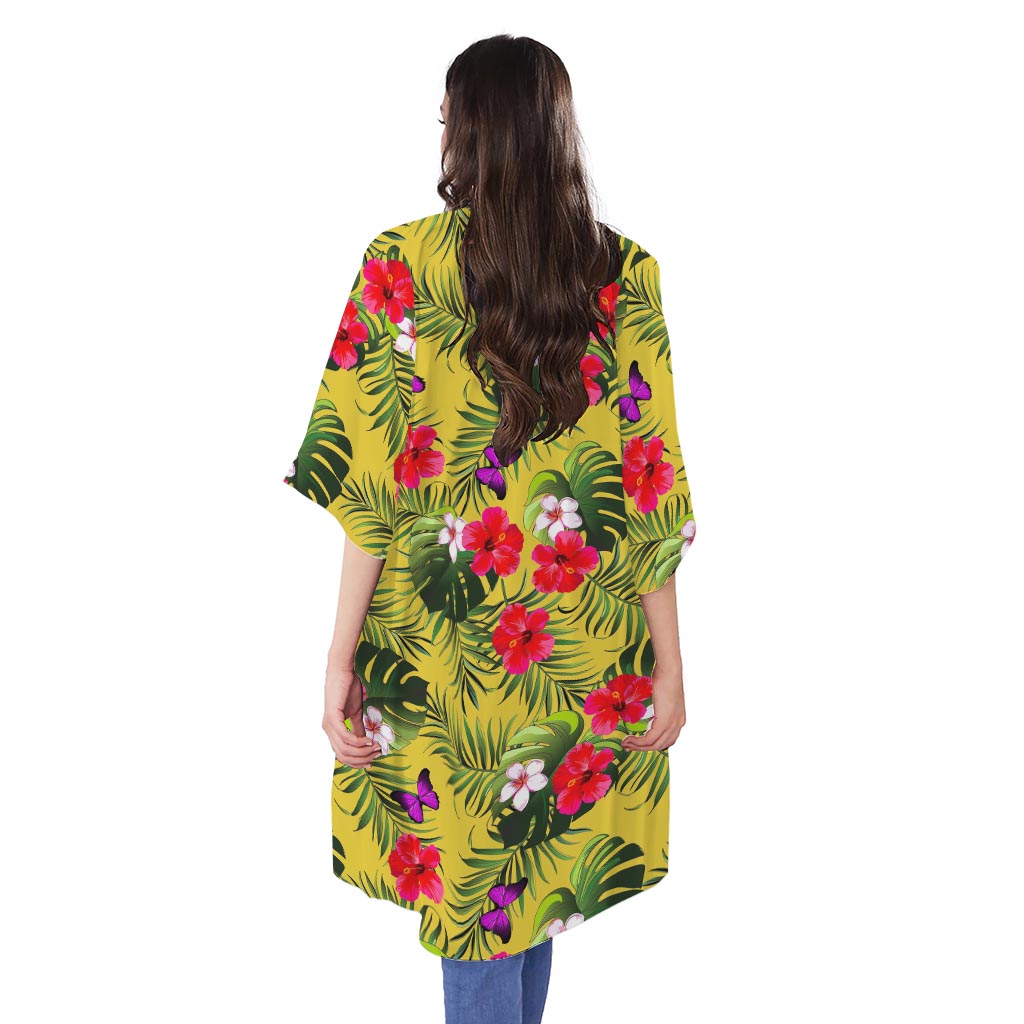 Tropical Exotic Hawaiian Pattern Print Open Front Beach Cover Up