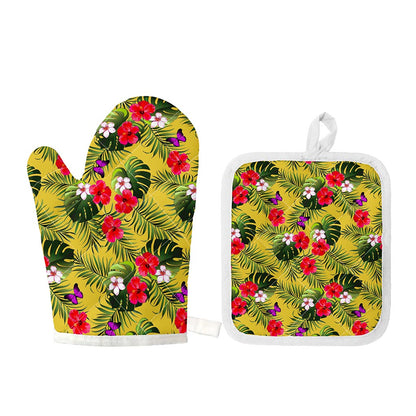 Tropical Exotic Hawaiian Pattern Print Oven Mitt And Pot Holder Set