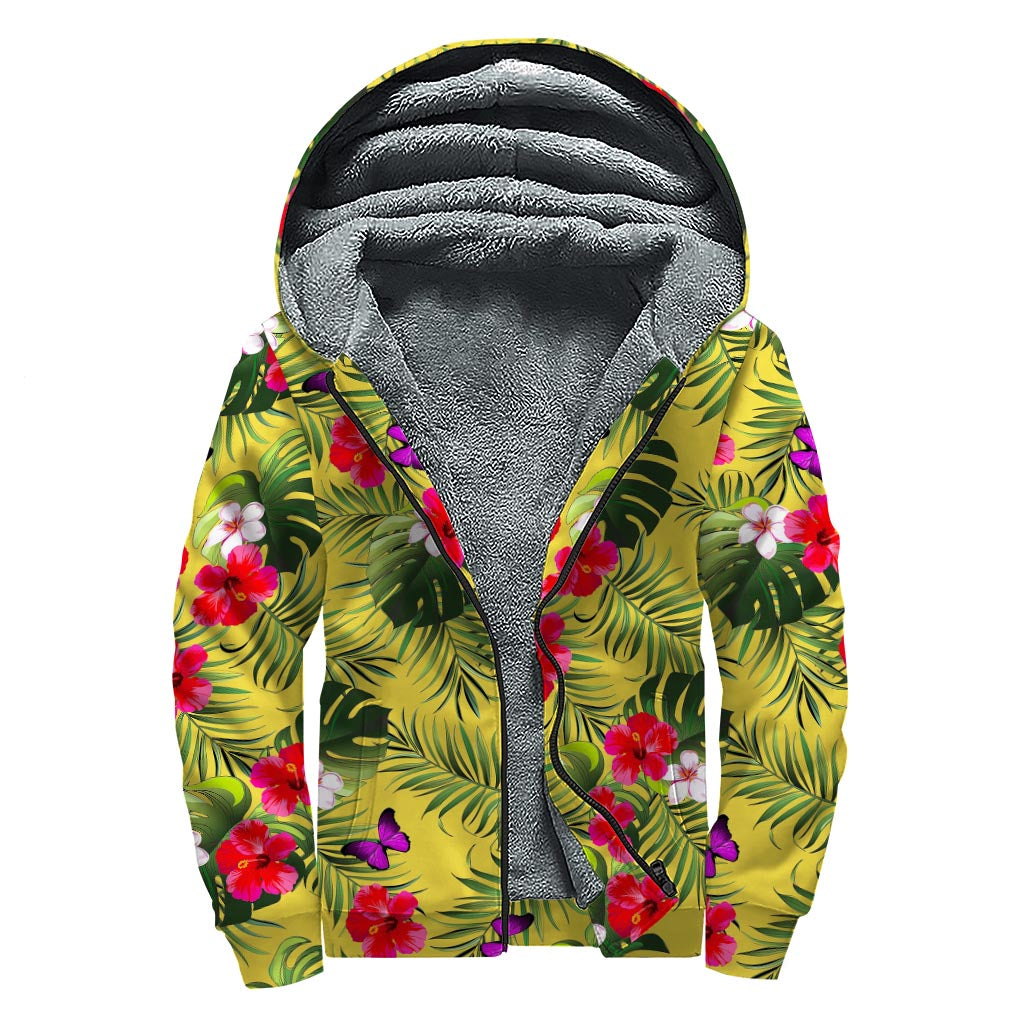 Tropical Exotic Hawaiian Pattern Print Sherpa Lined Zip Up Hoodie
