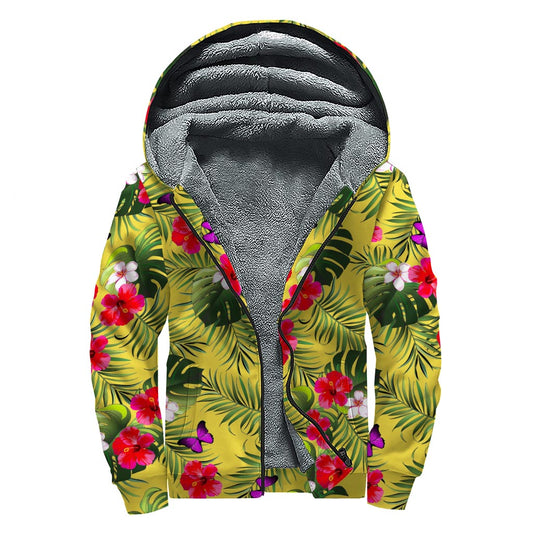 Tropical Exotic Hawaiian Pattern Print Sherpa Lined Zip Up Hoodie