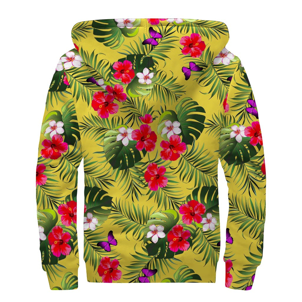 Tropical Exotic Hawaiian Pattern Print Sherpa Lined Zip Up Hoodie