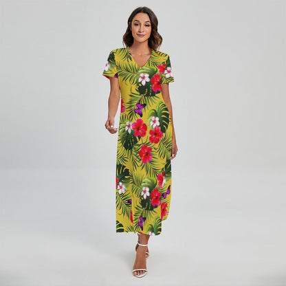 Tropical Exotic Hawaiian Pattern Print Short Sleeve Maxi Dress