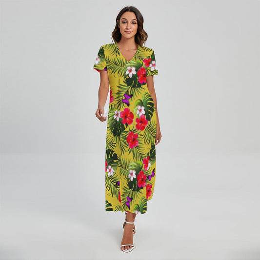 Tropical Exotic Hawaiian Pattern Print Short Sleeve Maxi Dress