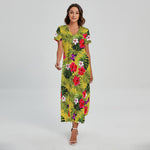 Tropical Exotic Hawaiian Pattern Print Short Sleeve Maxi Dress