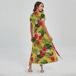 Tropical Exotic Hawaiian Pattern Print Short Sleeve Maxi Dress
