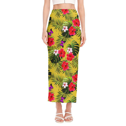 Tropical Exotic Hawaiian Pattern Print Side Slit Maxi Skirt