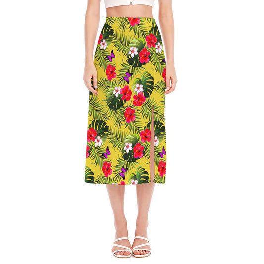 Tropical Exotic Hawaiian Pattern Print Side Slit Midi Skirt