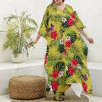 Tropical Exotic Hawaiian Pattern Print Silk V-Neck Kaftan Dress