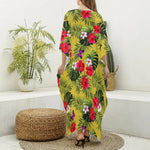 Tropical Exotic Hawaiian Pattern Print Silk V-Neck Kaftan Dress