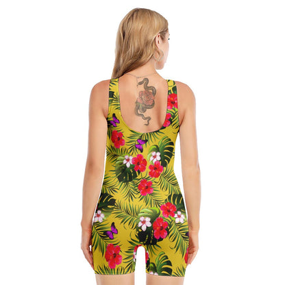 Tropical Exotic Hawaiian Pattern Print Sleeveless One Piece Swimsuit