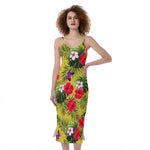 Tropical Exotic Hawaiian Pattern Print Slim Fit Midi Cami Dress