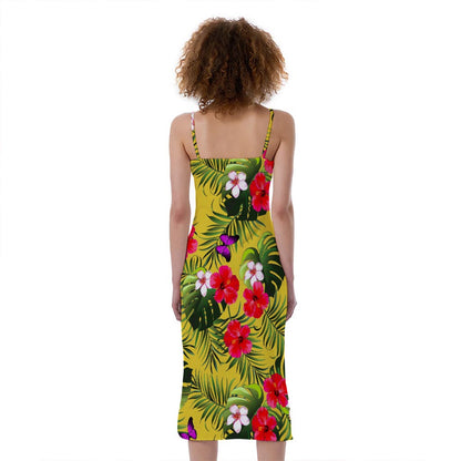 Tropical Exotic Hawaiian Pattern Print Slim Fit Midi Cami Dress
