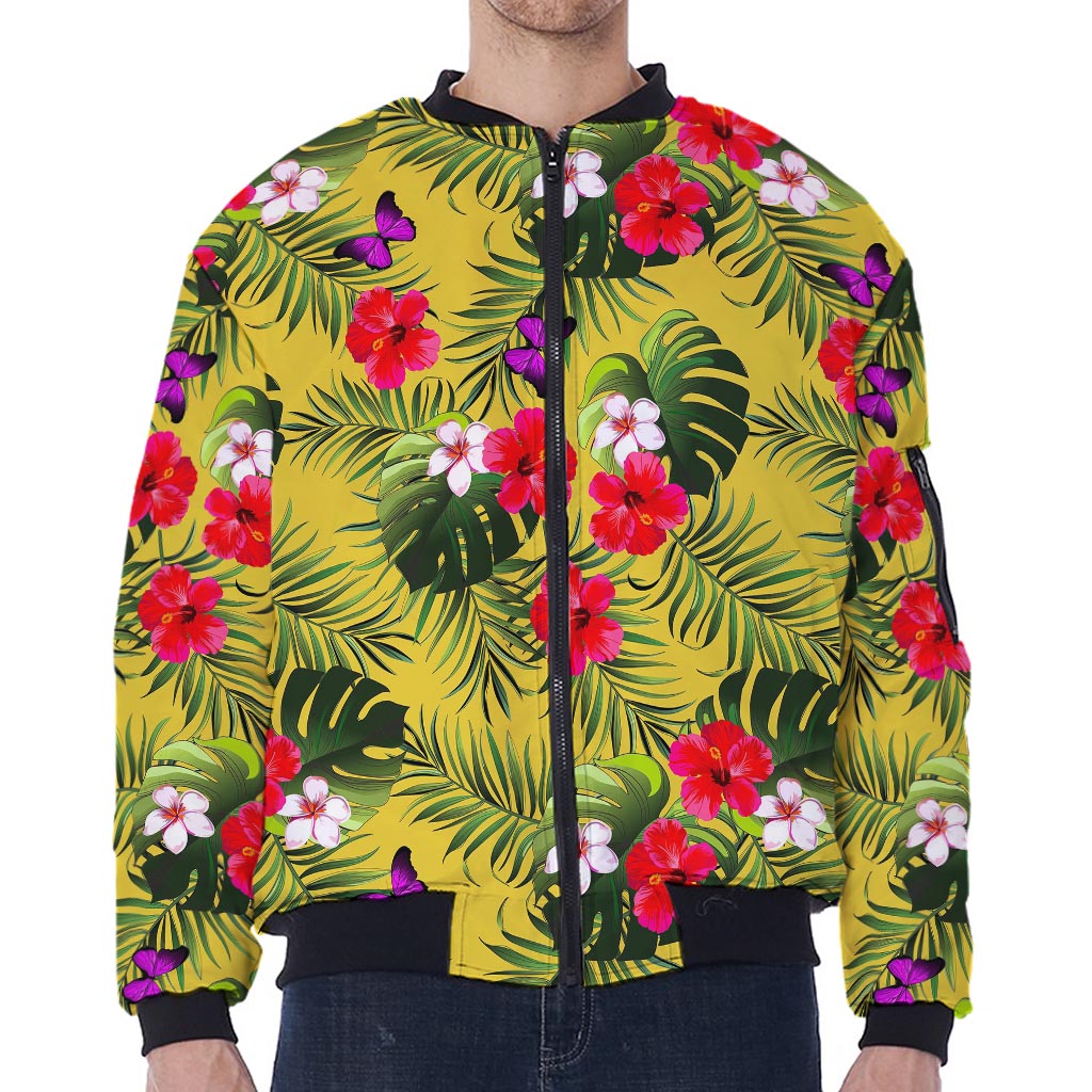 Tropical Exotic Hawaiian Pattern Print Zip Sleeve Bomber Jacket