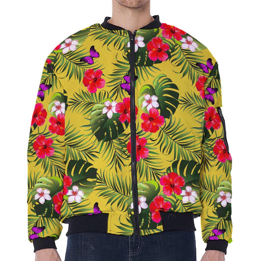 Tropical Exotic Hawaiian Pattern Print Zip Sleeve Bomber Jacket