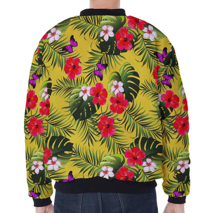 Tropical Exotic Hawaiian Pattern Print Zip Sleeve Bomber Jacket
